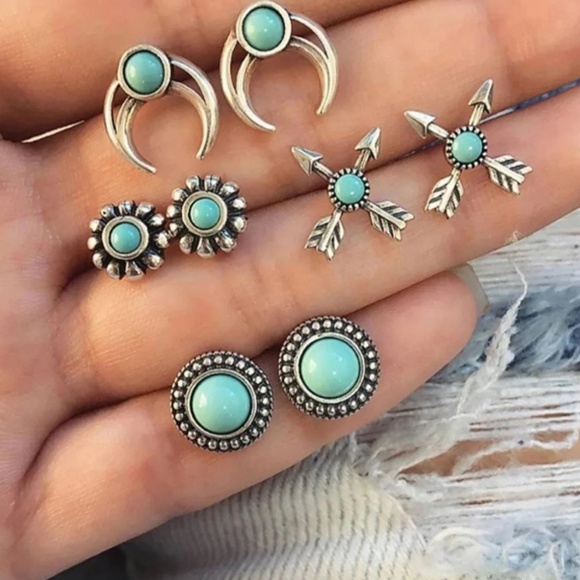 NEW 4 Pair of Silver & Turquoise Hypoallergenic Stud Earrings - Picture 4 of 7